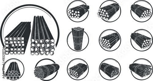 A collection of various metal pipes and tubes in black and white outline vector style, ideal for industrial design and engineering projects