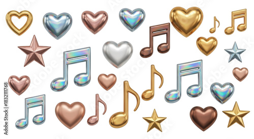 Collection of metallic hearts stars and musical notes isolated on transparent background