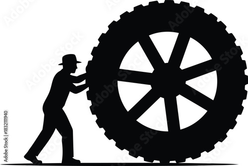 Man pushing large gear silhouette