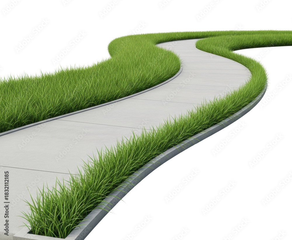Naklejka premium Curved pathway surrounded by lush grass urban park landscape view isolated on transparent background
