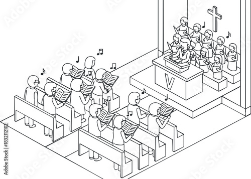 A line art illustration of a church service with a choir and congregation singing, in minimalist vector style, suitable for religious themes and design projects