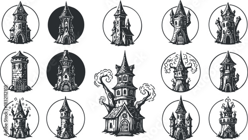 A collection of whimsical fantasy towers and castles in intricate black and white vector style, suitable for creative projects and illustrations