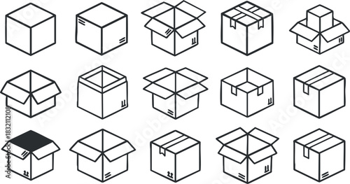 A collection of various box designs in clean outline vector style, suitable for packaging and shipping projects