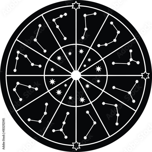 Astrology zodiac wheel constellations black white