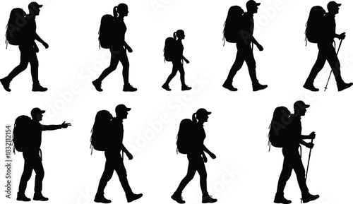 Set of hiking silhouettes featuring men, women, and child backpackers walking with trekking poles isolated on white.