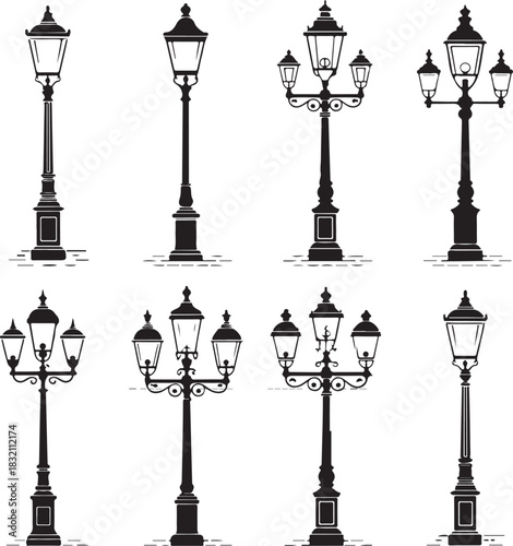 A vector set of antique metal street lamps with glass lanterns for city architecture decoration
