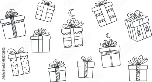 A collection of hand-drawn gift boxes with ribbons and bows in outline minimalist vector style, perfect for holiday-themed projects