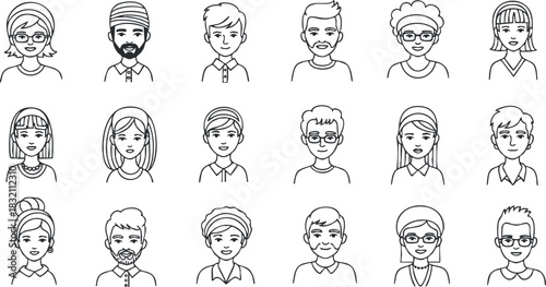 A collection of diverse character faces in line art monochrome vector style, ideal for social media and branding projects