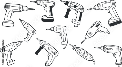 A set of electric drills and screwdrivers in black and white outline vector style, ideal for construction and DIY projects