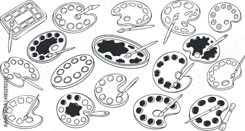 A collection of artist palettes with paintbrushes in black and white outline vector style, suitable for art and design projects