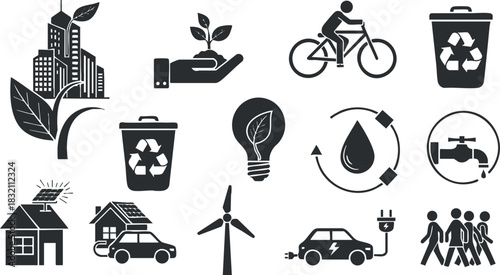 A collection of eco-friendly icons representing sustainability, recycling, and clean energy in black and white vector style, suitable for environmental projects and educational materials