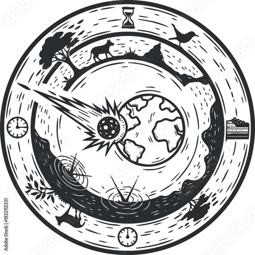 A circular illustration depicting the concept of time and nature with earth, clocks, and various landscapes in black and white vector style, ideal for educational materials or eco-themed projects