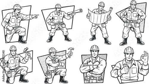 A collection of construction worker illustrations in black and white vector style, ideal for industry-themed designs