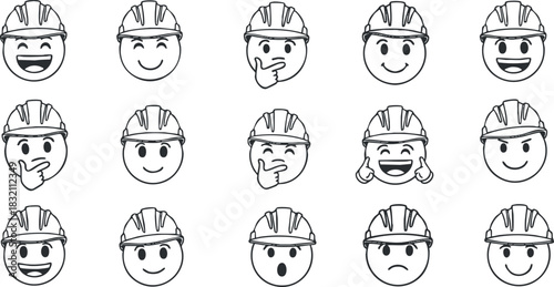 A set of construction helmet emoji faces depicting various expressions in black and white vector style, suitable for construction-themed projects