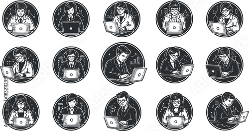 A collection of professional individuals working on laptops in black and white vector style, suitable for tech and business themes