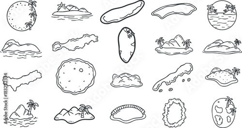 A collection of tropical island illustrations in outline minimalist vector style, perfect for travel-themed designs or summer projects