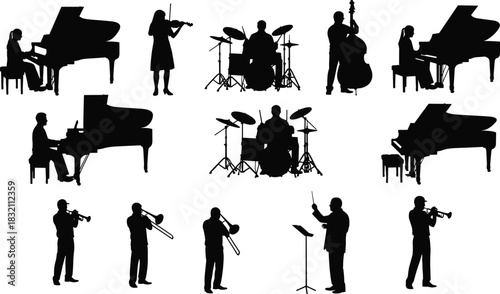 Set of vector silhouettes featuring musicians playing piano, drums, violin, and trumpet, including an orchestra conductor isolated on white.
