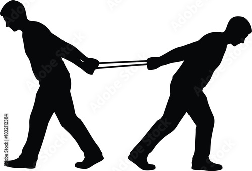 Silhouette of two people pulling rope conflict concept