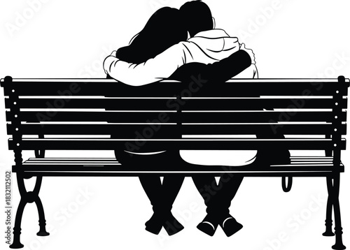 Black and white vector illustration of romantic couple sitting on park bench hugging, rear view isolated on white background.