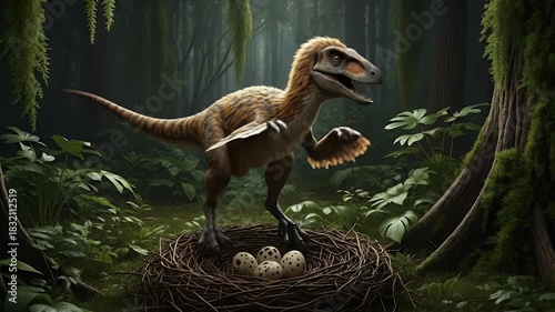 Feathered Raptor Standing Guard Over Its Nest in a Lush Green Forest Under Soft Natural Lighting
