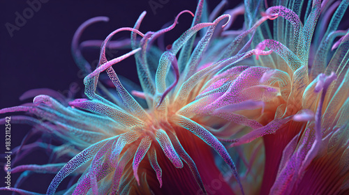 An eye-catching image of a sea anemone with vibrant colors and intricate details. The anemone's tentacles are gracefully waving, showcasing its exquisite beauty.