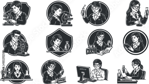 A collection of female scientist icons in black and white vector style, showcasing various laboratory activities, perfect for educational materials and science-themed projects