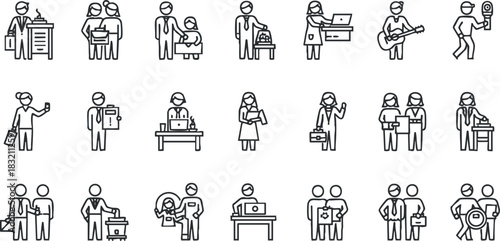 A collection of diverse business professionals and occupations in minimalist line art vector style, suitable for corporate branding and workplace illustrations