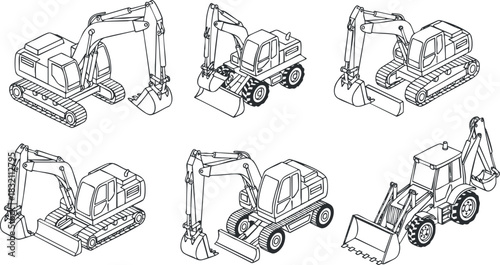A collection of construction vehicles including excavators, bulldozers, and backhoes in black and white outline vector style, suitable for engineering and construction projects