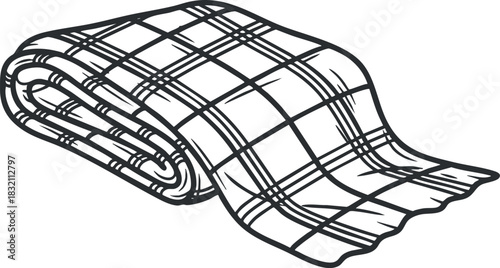 A folded plaid blanket in a simple black and white outline style, perfect for home decor projects