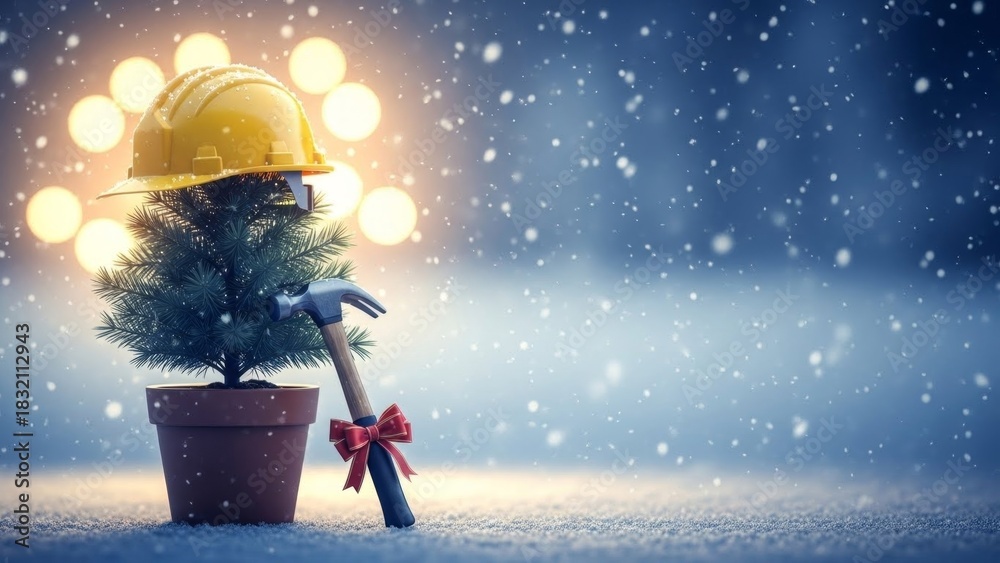 Fototapeta premium Small Christmas tree in a pot with a yellow hard hat and a hammer with a red ribbon. Construction industry Christmas concept.