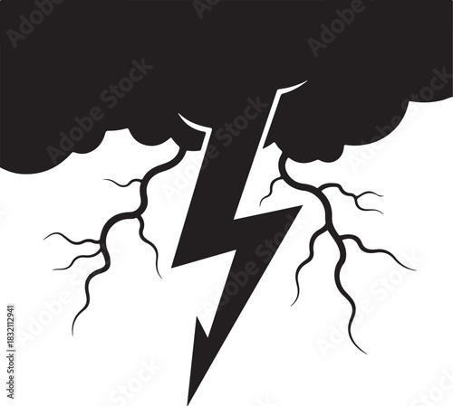 Dramatic black silhouette of a lightning bolt emerging from a storm cloud