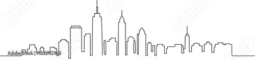Black line art silhouette of a city skyline with tall buildings on a white background drawing
