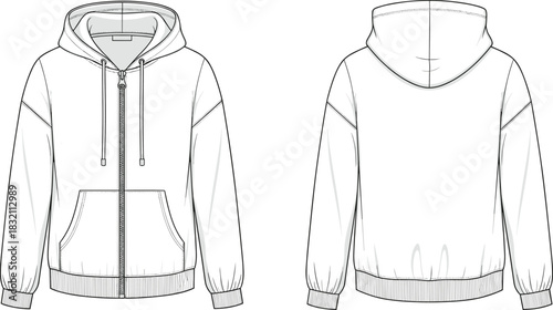 Vector technical sketch of zip-up hoodie featuring kangaroo pockets, drawstring, and ribbed cuffs, front and back fashion flat.