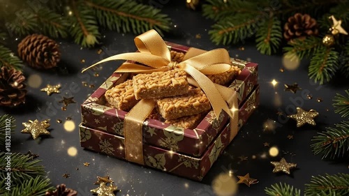 Festive Gift Box with Golden Ribbon and Christmas Decorations on Dark Background
