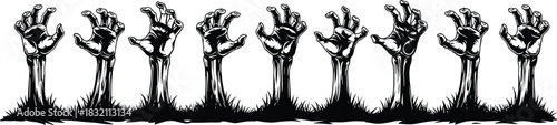 Row of spooky zombie hands rising from the grave in grass, black and white vector border for Halloween horror design.