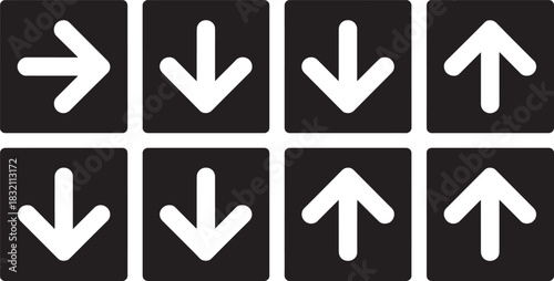 Black squares with white directional arrows pointing right down and up vector illustration