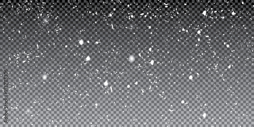 Abstract winter background from snowflakes blown by the wind on a background. White dust light png. Heavy snowfall, snowflakes in different shapes and forms.