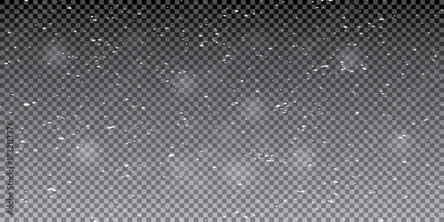 Falling snowflakes in transparent beauty, delicate and small, isolated on a clear background. Snowflake elements, snowy backdrop. Vector illustration of intense snowfall, snowflakes.