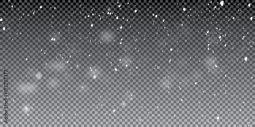 Falling snowflakes in transparent beauty, delicate and small, isolated on a clear background. Snowflake elements, snowy backdrop. Vector illustration of intense snowfall, snowflakes.