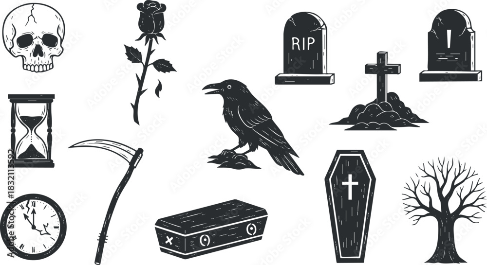 Naklejka premium A collection of spooky Halloween-themed icons including a skull, raven, rose, tombstones, and more in black and white vector style
