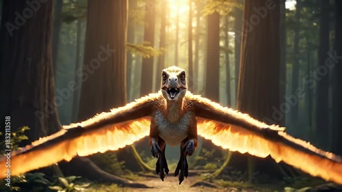 Flying Reptile with Golden Wings Soaring in Forest Under Sunlight