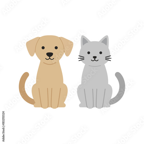 Cute dog and cat sitting side by side in Flat vector style