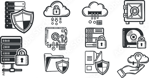 A collection of security and data protection icons, featuring shields, locks, servers, and cloud symbols in modern outline vector style, ideal for cybersecurity and technology projects