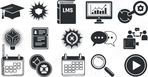 A set of educational and technological icons in black and white vector style, ideal for e-learning platforms and digital applications