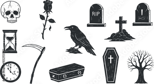 A collection of spooky Halloween-themed icons including a skull, raven, rose, tombstones, and more in black and white vector style