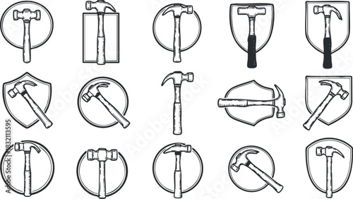 A collection of hammer icons in black and white outline vector style, ideal for construction and repair projects