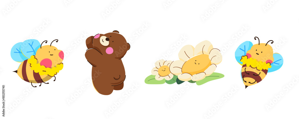 Obraz premium Cute cartoon elements, bear, flower, bee.