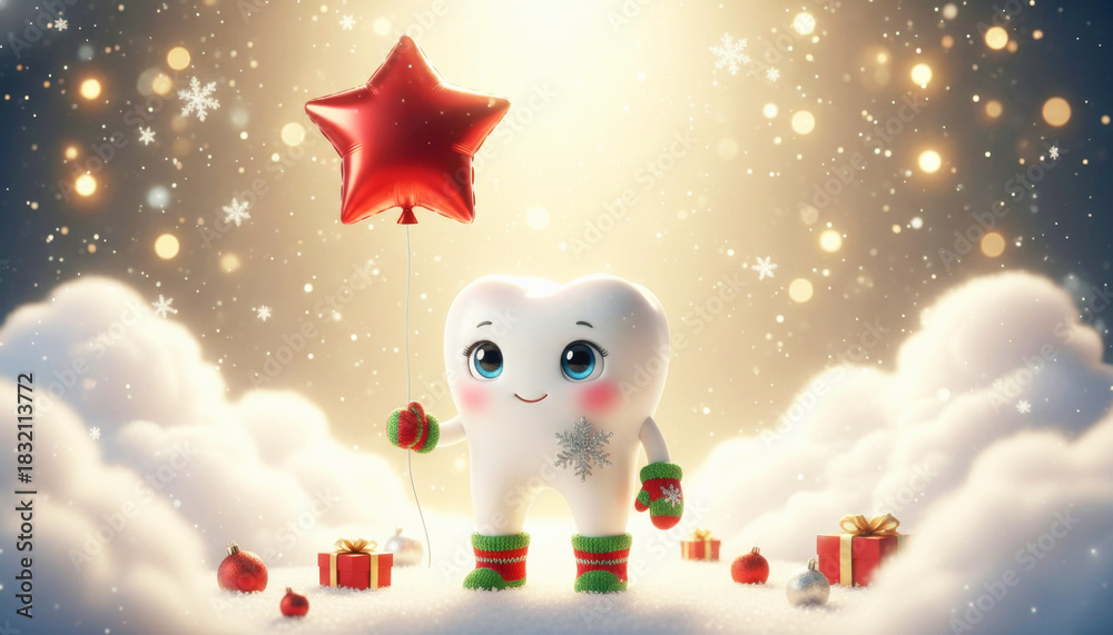 Obraz premium Cute tooth mascot holding a red star balloon in a snowy Christmas scene. Dental care concept for holiday season. Child friendly dentistry.