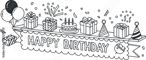 A festive birthday celebration illustration featuring a cake, balloons, gifts, and a 'Happy Birthday' banner in black and white vector style, perfect for party invitations and decorations.