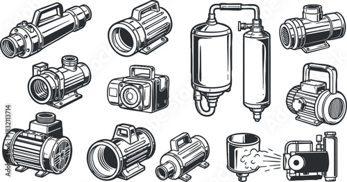 A collection of various mechanical pumps and equipment in detailed black and white outline vector style, suitable for engineering and technical design projects